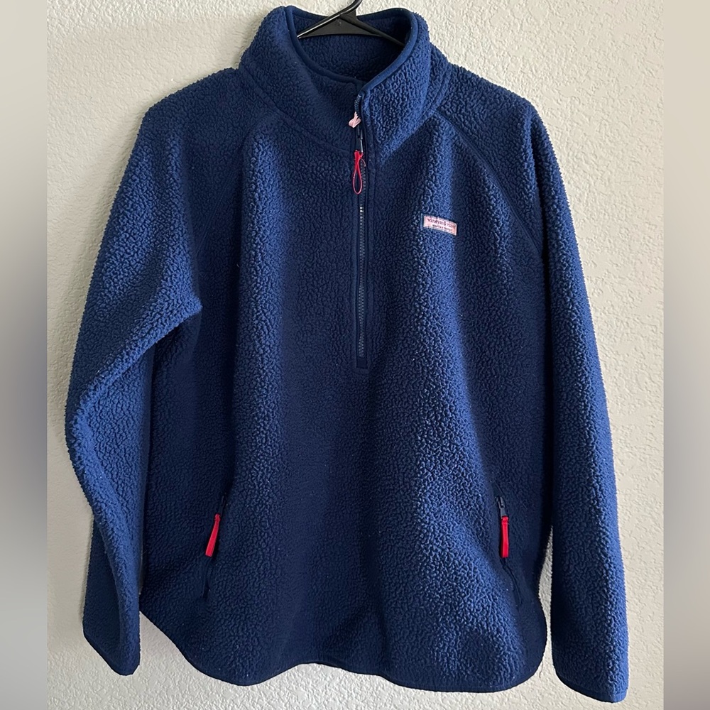 Vineyard Vines Navy Fleece Half-Zip Pullover with Pink Accents